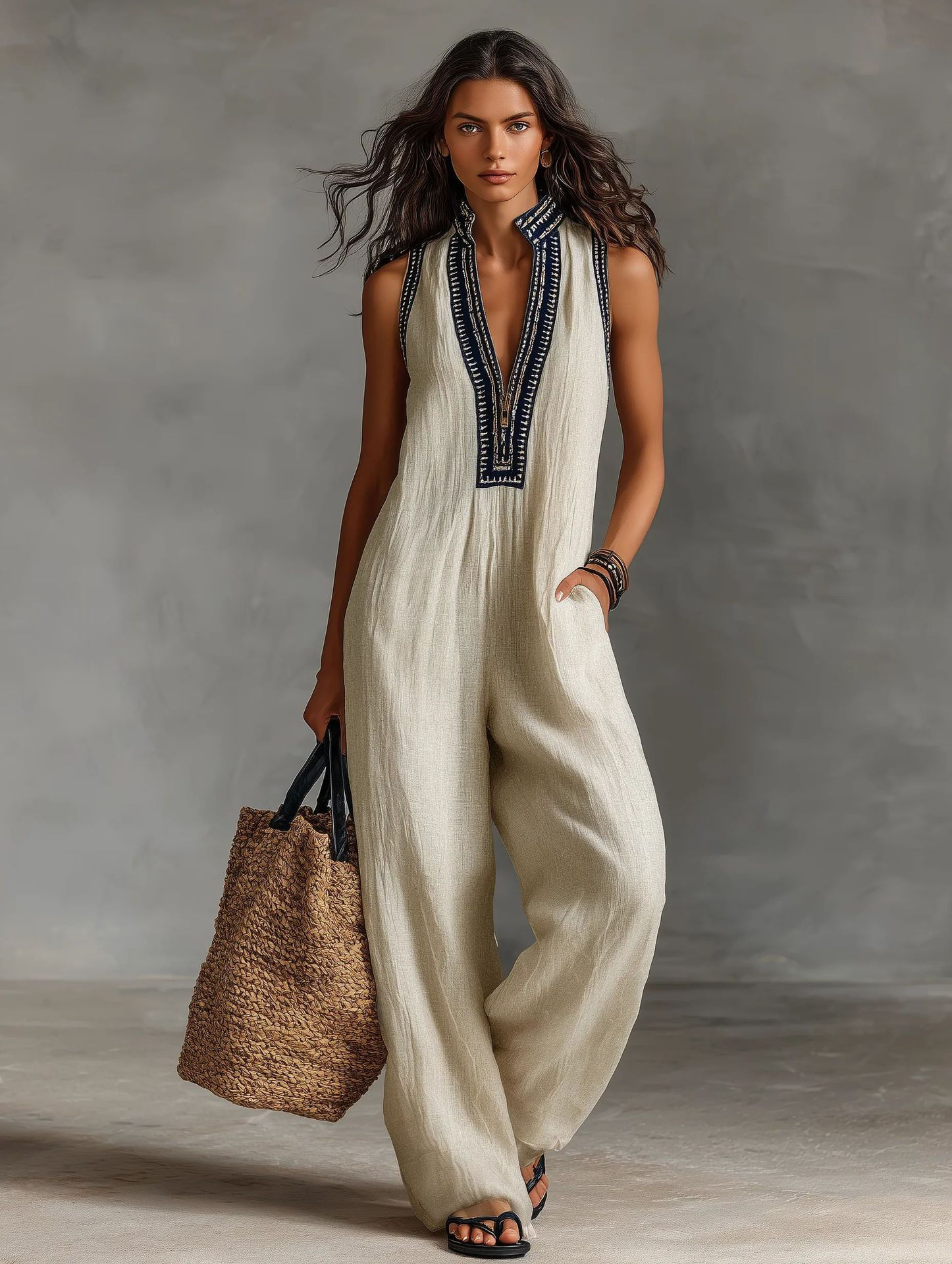 Jumpsuit Linen Blend Sleeveless One-piece with Zipper and Stand-up Collar