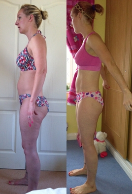 Two side-by-side images of a woman in colorful bikinis facing left, showing a body transformation. The room has pink curtains and a stuffed toy.