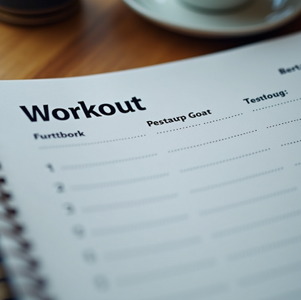 Eye-level view of a fitness planner open with workout goals