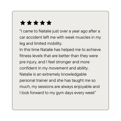 Personal training client testimonial with five star rating.