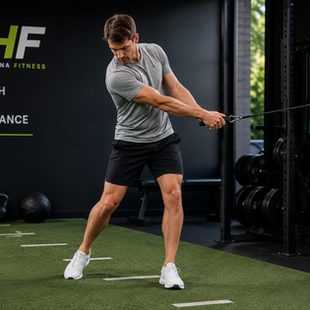 A male demonstrates core, power, mobility, and stability exercises in a gym.