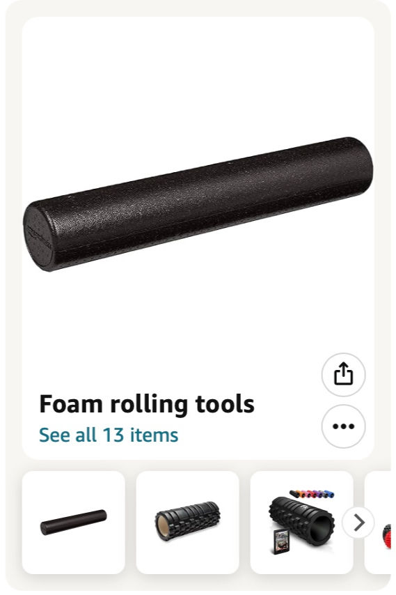 Black foam roller on a white background. Below are smaller images of various foam rollers and text reads "Foam rolling tools. See all 13 items."