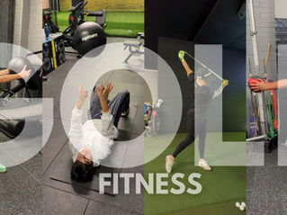 People demonstrate core, power, mobility, and stability exercises in a gym. Large text overlay reads "GOLF FITNESS" on the image.