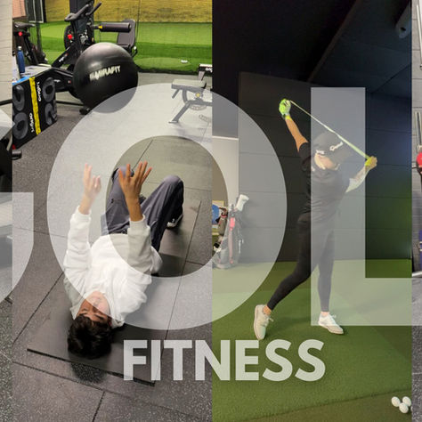 People demonstrate core, power, mobility, and stability exercises in a gym. Large text overlay reads "GOLF FITNESS" on the image.