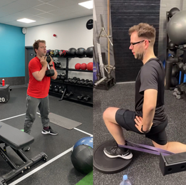 man in the gym: before and after, one in red lifting dumbbells, the other in black doing a banded lunge. Exercise equipment and colourful walls are visible.