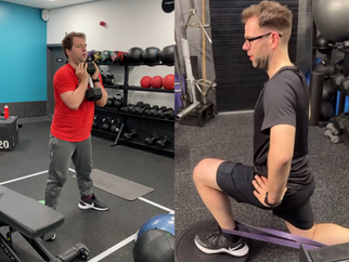 man in the gym: before and after, one in red lifting dumbbells, the other in black doing a banded lunge. Exercise equipment and colourful walls are visible.