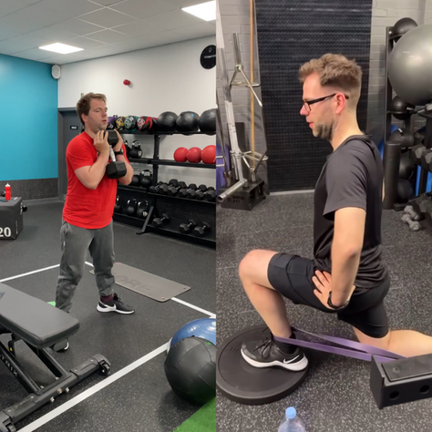 man in the gym: before and after, one in red lifting dumbbells, the other in black doing a banded lunge. Exercise equipment and colourful walls are visible.