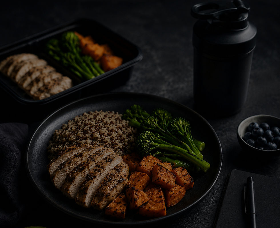 Dark meal prep plate with sliced chicken, quinoa, broccoli, and roasted sweet potatoes beside a shaker bottle and blueberries.