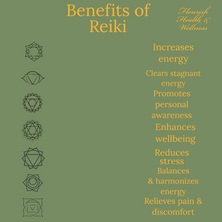 Benefits of Reiki, increases energy, clears stagnant energy, promotes personal awareness, enhances well being, reduces stress, balances & harmonizes energy, relieves pain and discomfort