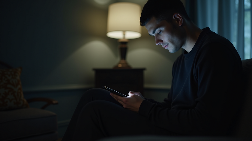 Close-up view of a person sitting alone in a dimly lit room, focused on a smartphone screen