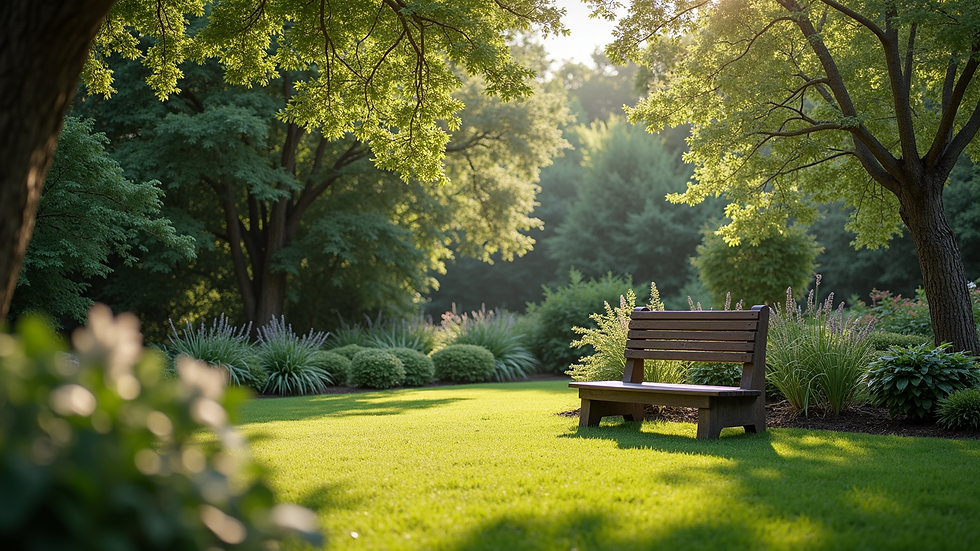 Wide angle view of a peaceful garden with a meditation bench