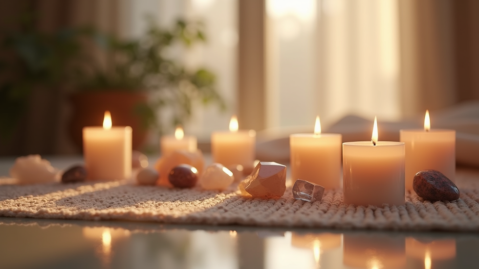 Eye-level view of a serene room with crystals and candles arranged for energy healing