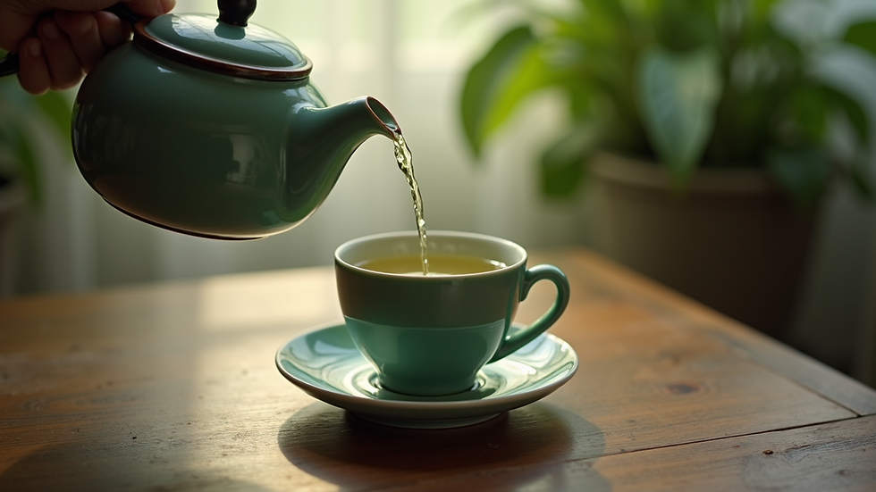 Eye-level view of a teapot pouring green tea into a cup