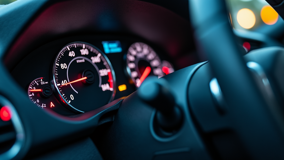 Close-up view of a car dashboard showing warning lights