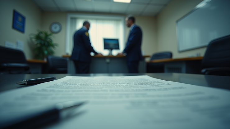 Eye-level view of a police station front desk with legal documents
