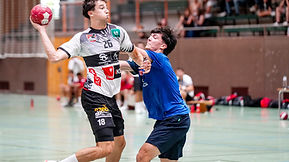 Handballspieler mit Ball in Aktion im österreichischen Sportzentrum, ein Spieler verteidigt.