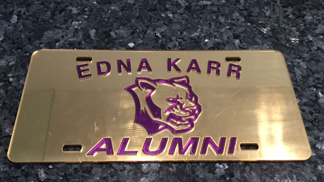 Karr Alumni License Plate in Gold with Purple Lettering