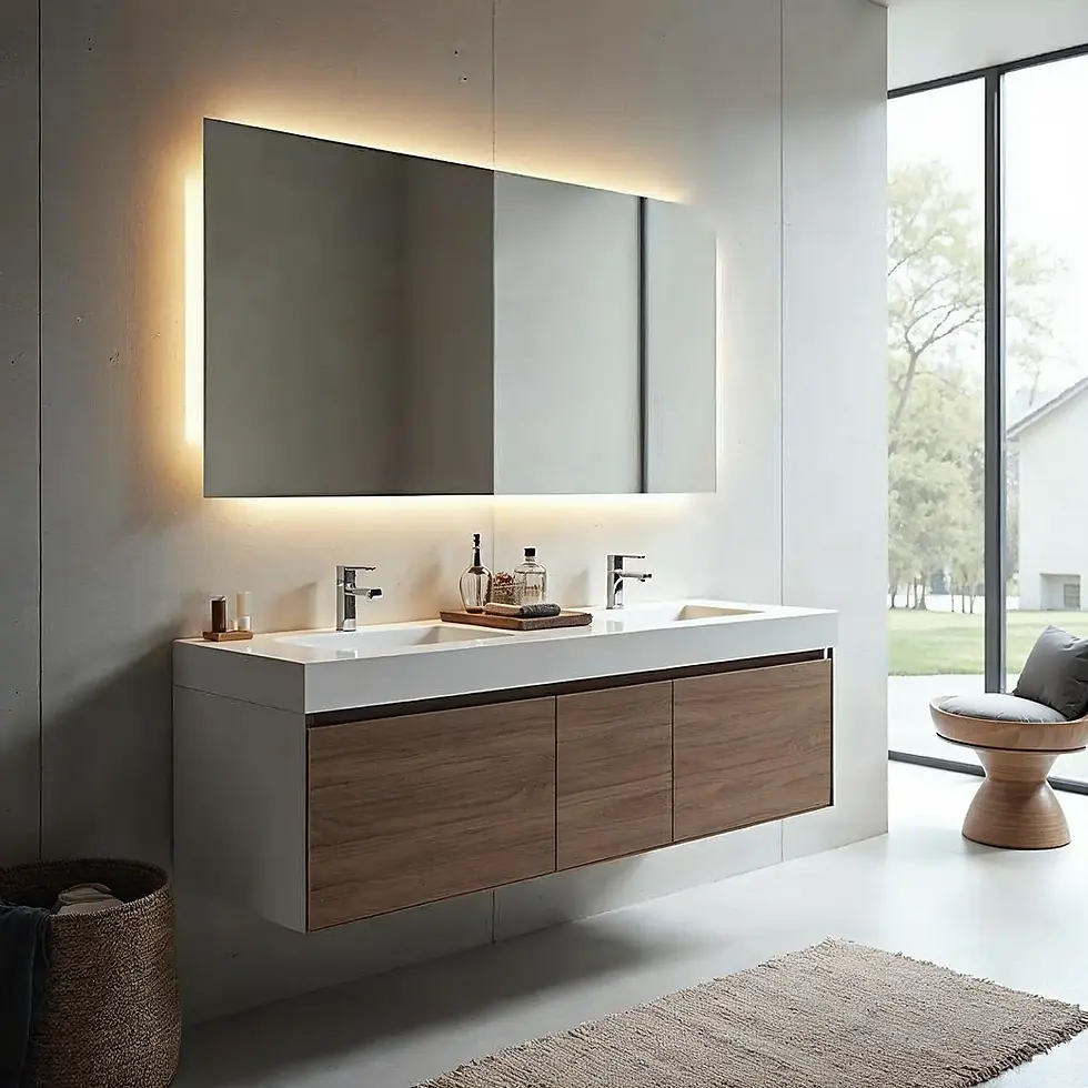 Modern floating bathroom vanities with wood drawers.