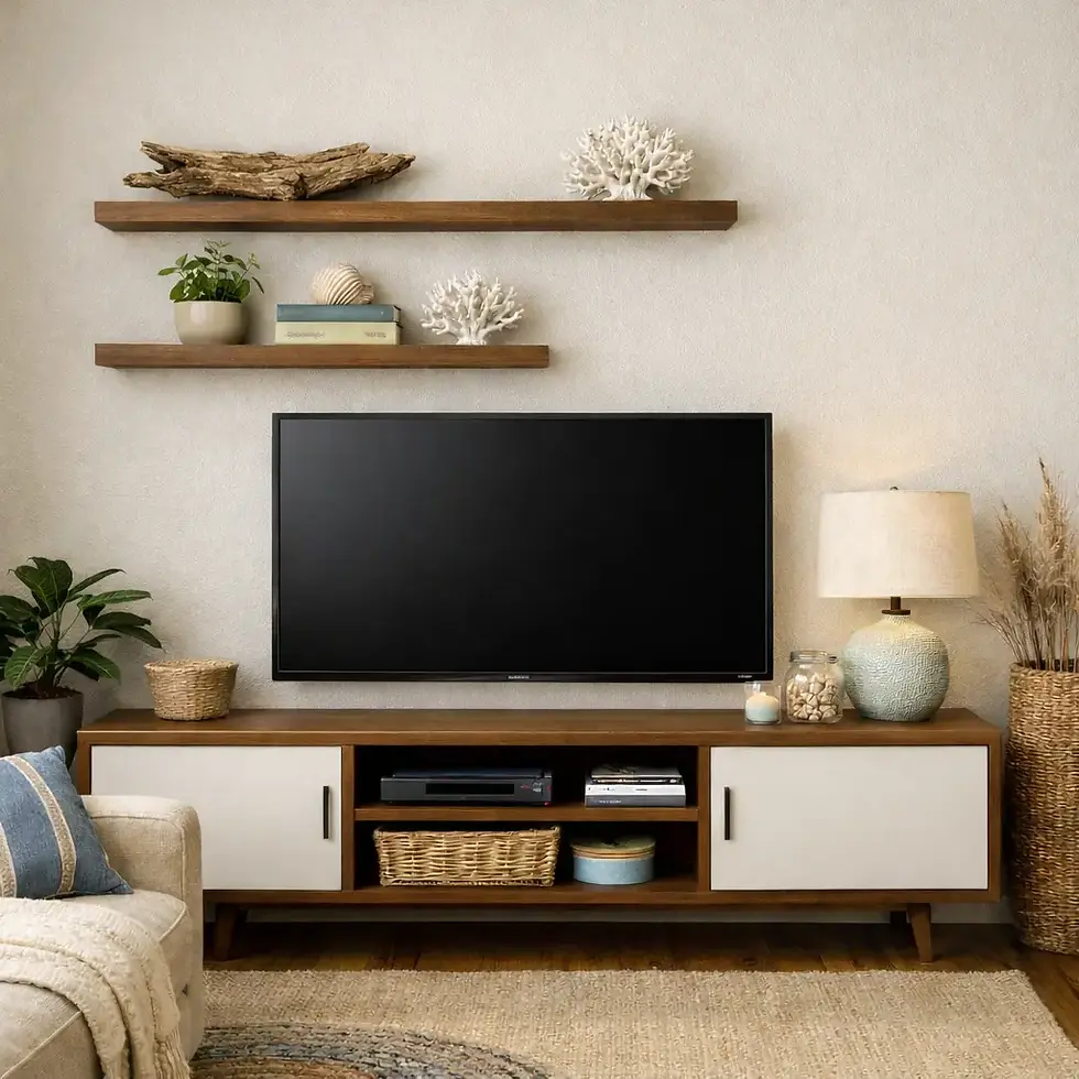 Modern TV unit featuring custom media walls with floating shelves.