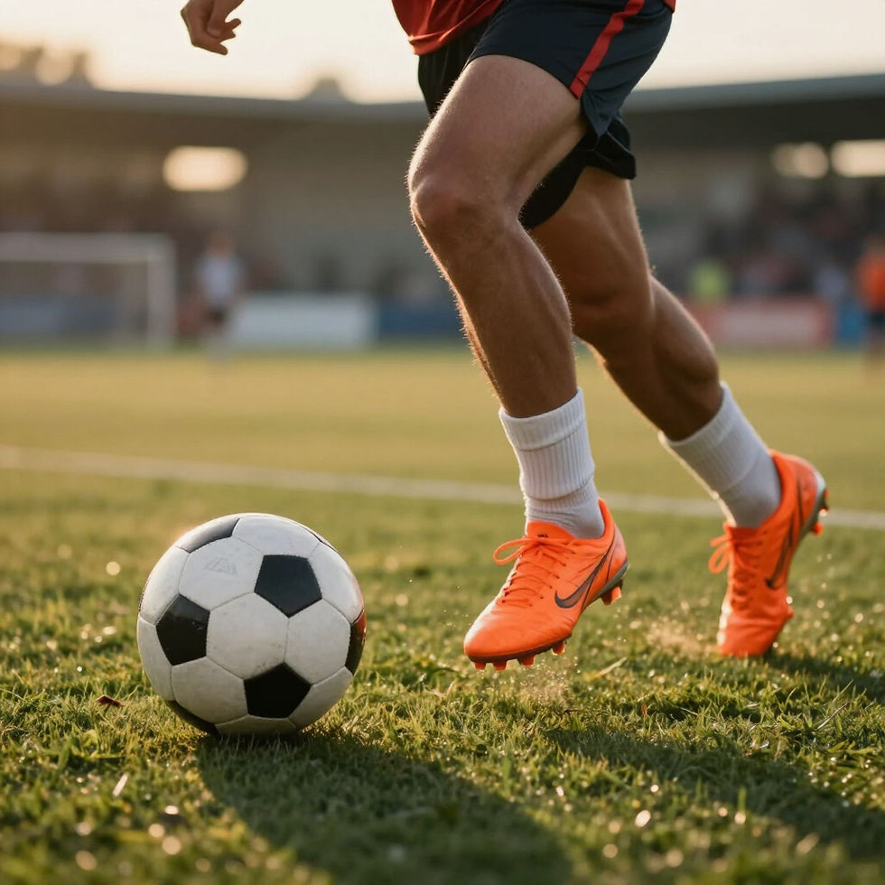 A soccer ball with red star patterns rests on the grass, inside a large stadium filled with spectators. The sun shines brightly above.