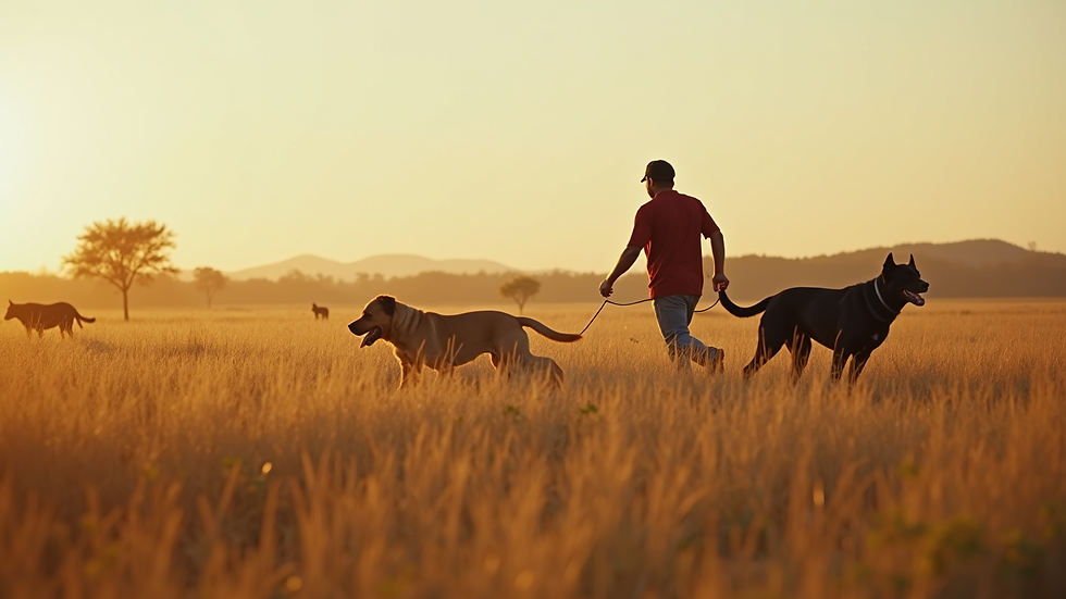 Vista de nível de um adestrador trabalhando com um rottweiler em um campo aberto