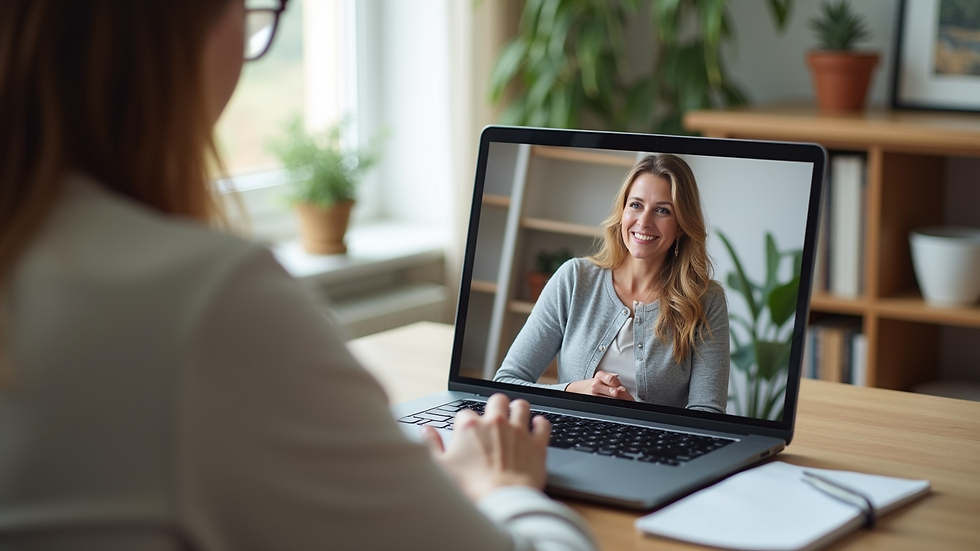 Eye-level view of a laptop displaying a virtual health coaching session