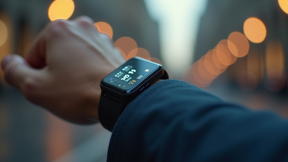 Close-up view of a digital health tracker displaying heart rate and activity data