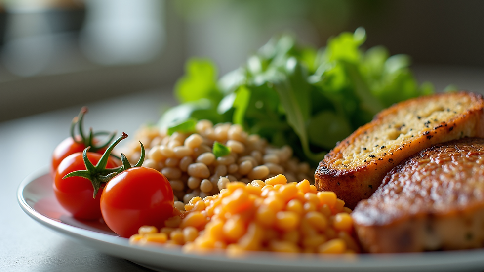 Close-up view of a balanced meal with vegetables, grains, and protein on a plate
