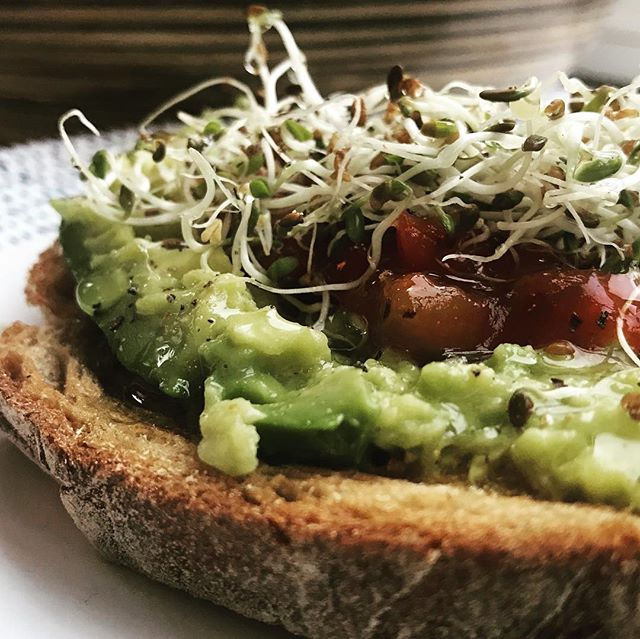 Avocado, salsa and alfalfa sprouts on ch