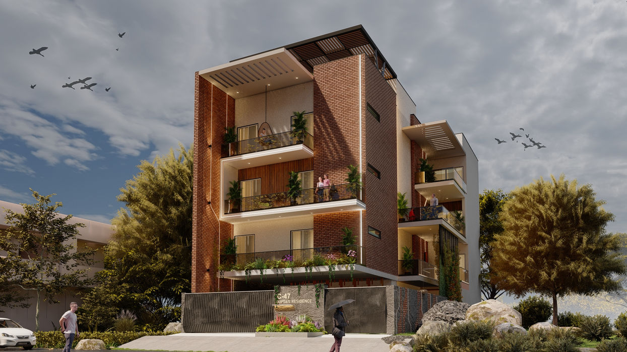multi level luxury residence surrounded by greenery with ambient lighting