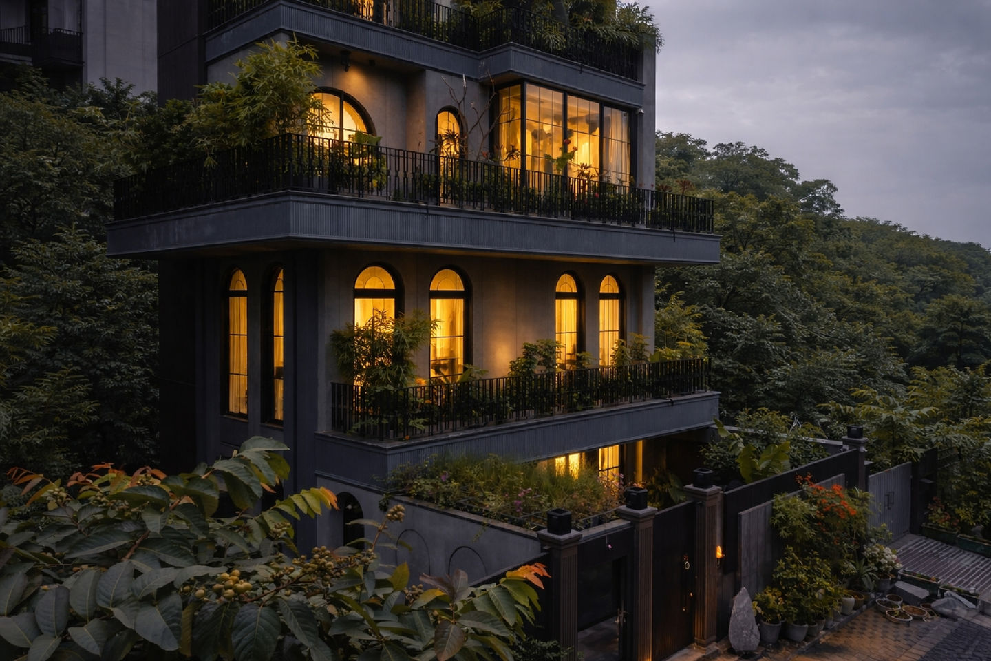 Colonial style luxury commercial building in India with arches, symmetrical facade, warm lighting, and premium architectural design by Design Acrolect