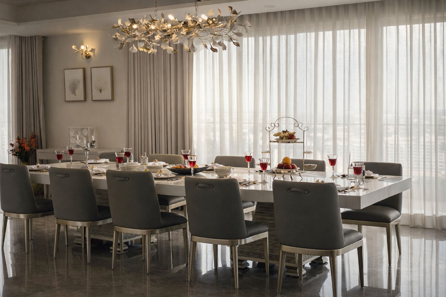 Luxury dining room interior with chandelier lighting, upholstered chairs, modern table, and premium interior design by Design Acrolect Gurgaon