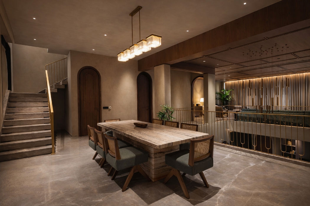 Premium lounge interior with wooden textures, warm lighting, modern furniture, and luxury interior design by Design Acrolect Gurgaon