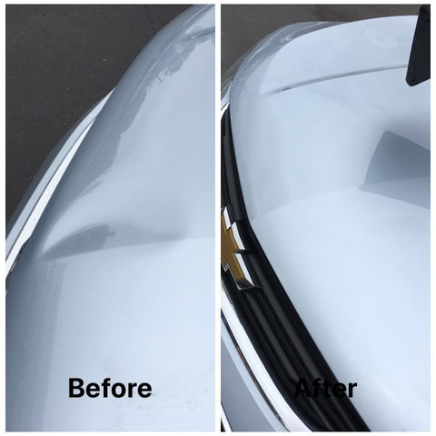 Chevy hood dent before and after dent removal