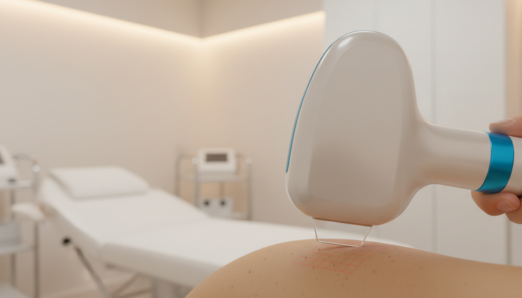 Nahaufnahme eines Laserhandstücks über Haut mit sichtbaren Haarfollikeln