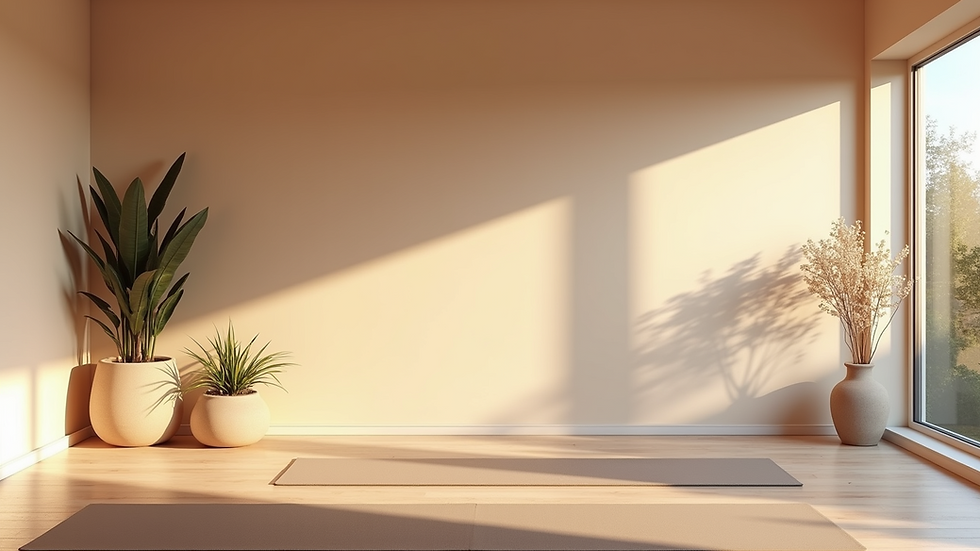 Eye-level view of a serene yoga space with mats and calming decor