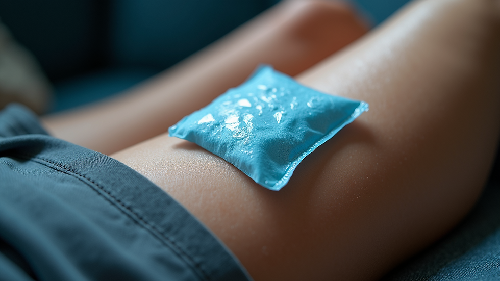 Close-up view of ice pack on sore muscle