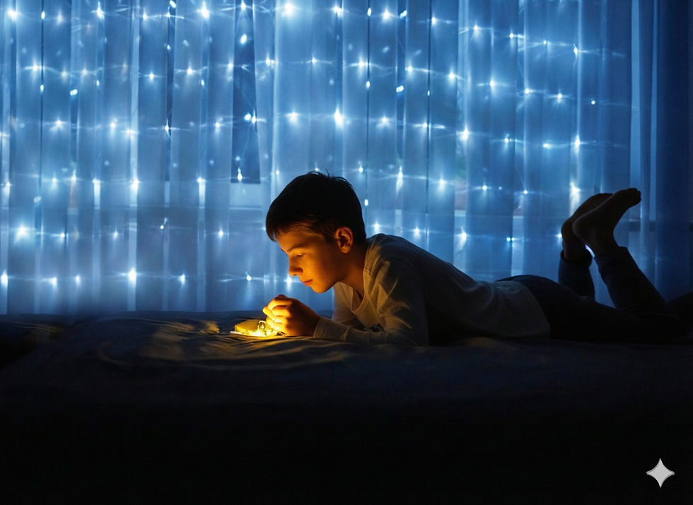 ragazzo sdraiato di pancia fissa una luce_grande