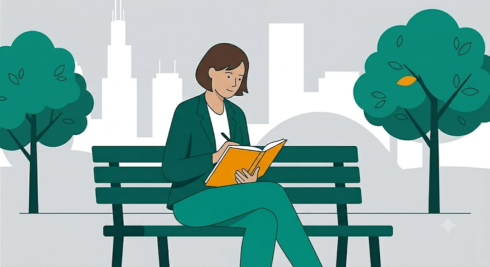 Woman in green suit sits on a park bench, writing in an orange notebook, with trees and a city skyline behind her.
