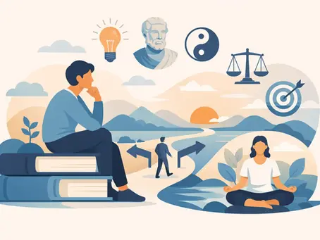 Illustration of a man on stacked books and a woman meditating, with a path, arrows, and icons for ideas, balance, and goals.