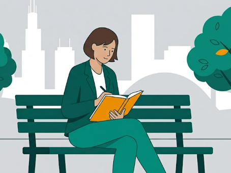 Woman in green suit sits on a park bench, writing in an orange notebook, with trees and a city skyline behind her.