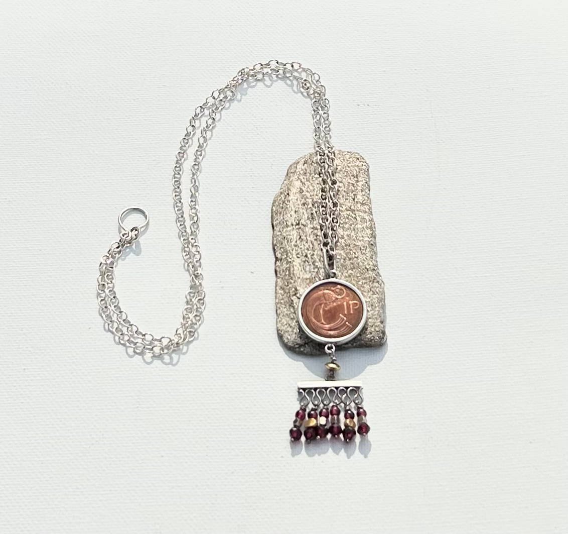 Irish 1 Pence Coin Necklace with Garnet 18k beads