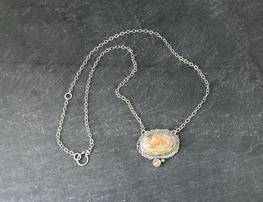 lace agate oval necklace in sterling and fine silver