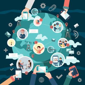 Illustration of global digital communication, showing hands with devices around a globe. Icons of messages, charts, and people are connected.