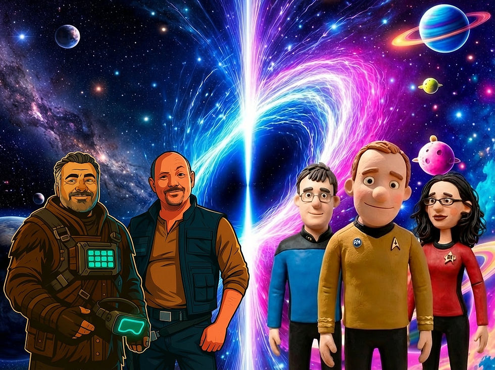 Split cosmic scene showing two teams of stylised characters facing forward against a vivid space backdrop. On the left, two rugged, sci-fi–styled figures stand before a star field; on the right, three clay-style characters in colourful, Star Trek–inspired uniforms stand together. A bright, swirling energy rift divides the image, with planets and nebulae scattered across the background, suggesting parallel worlds or connected universes.