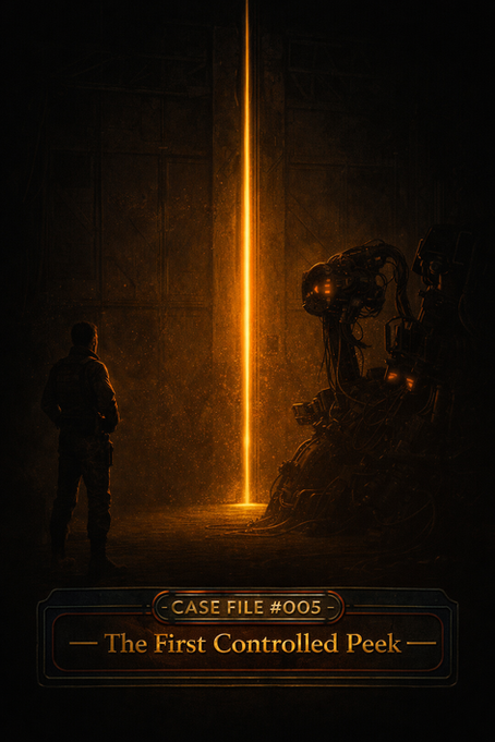 Dark, cinematic hangar scene with a narrow vertical beam of golden light cutting through partially opened doors. A lone person stands facing a large, shadowed mechanical rig on the right, its cables and joints faintly glowing. Dust floats in the half-light, creating a tense, secretive atmosphere. The image is titled “Case File #005 – The First Controlled Peek.”