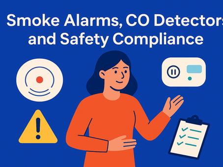 a lady standing next to smoke alarms, co detectors and a clip board check list