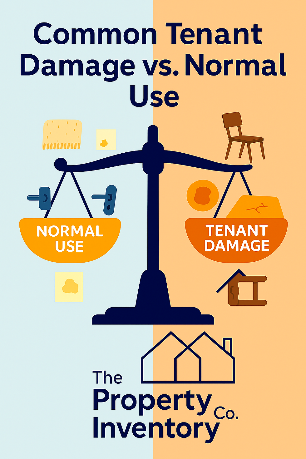 Scales weighing up normal use verses tenant damage with text saying common tenant damage vs normal use