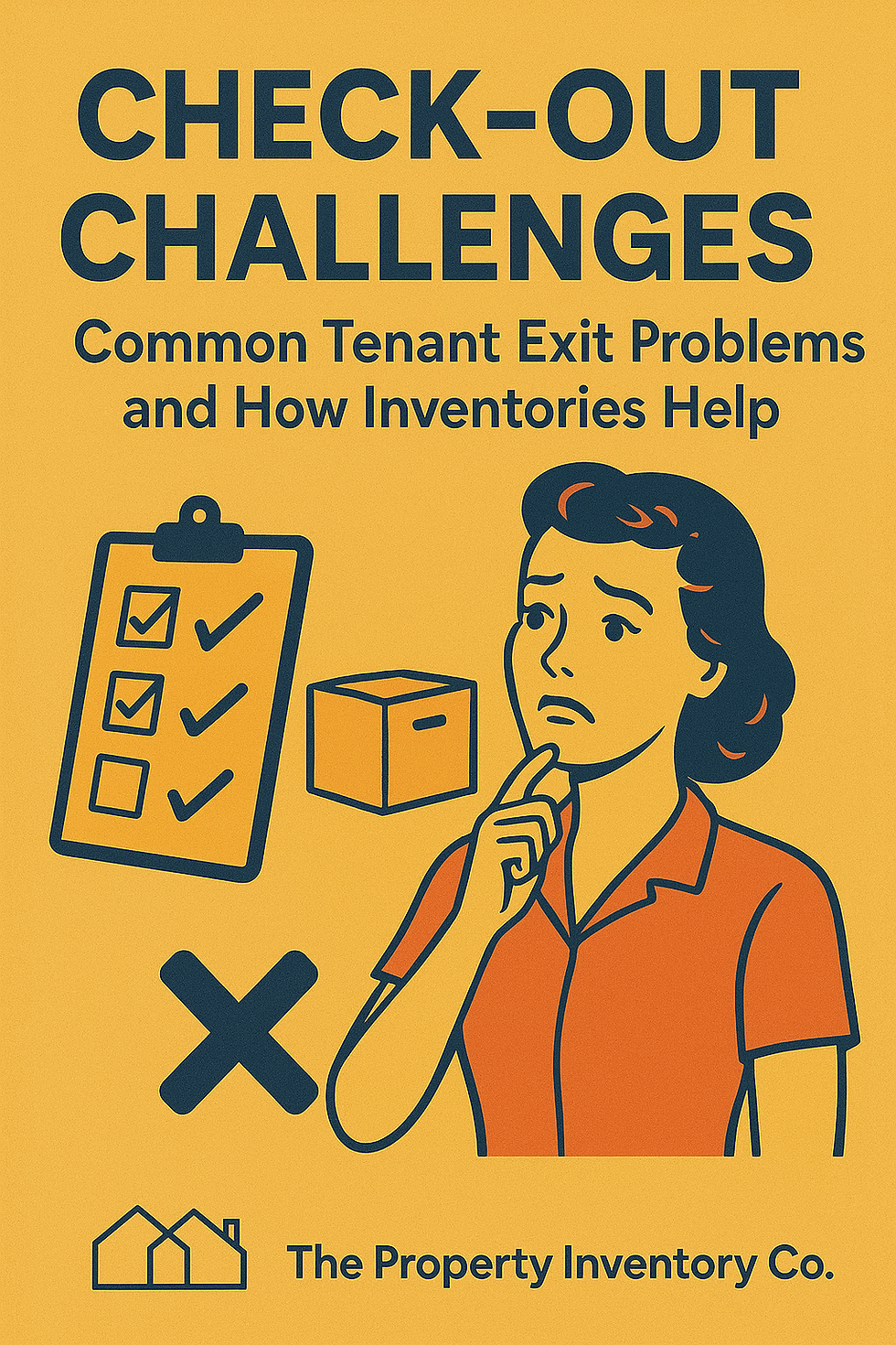 a worried lady with an inventory report and some packing boxes and the text - Check-Out Challenges: Common Tenant Exit Problems and How Inventories Help