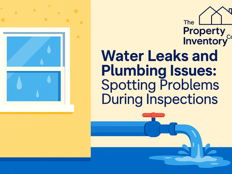 a pipe leaking water with text saying water leaks and plumbing issues, spotting problems during inspections